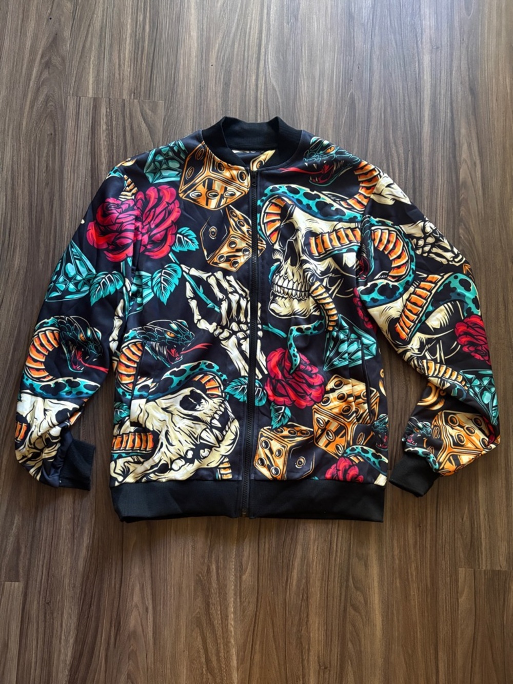 Badass All Over Tattoo Bomber Jacket with Skulls Roses Snakes & Dice